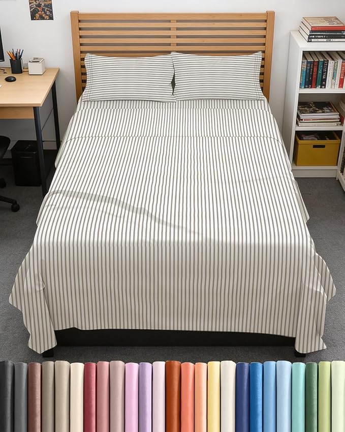 Full XL Bed Sheet Set - 4 Piece Extra Long Extended Full XL Sheets - Soft, Breathable & Cooling - Fits 8" to 16" Mattress with Deep Pockets - 54" x 80" - Wrinkle and Fade Resistant - Beige Stripes 2