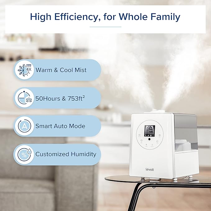 LEVOIT Humidifiers for Bedroom Large Room Home, 6L Warm and Cool Mist Ultrasonic Air Vaporizer for Plants and Whole House, Built-in Humidity Sensor, Essential Oil Diffuser, Whisper Quiet, Timer, White