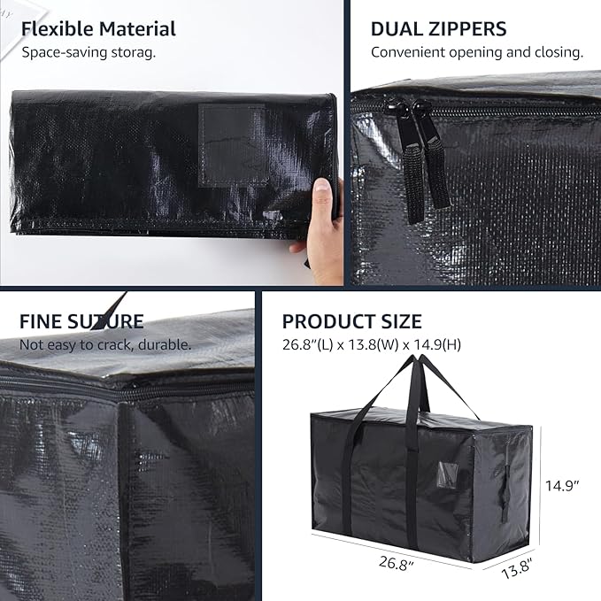Moving Bags Heavy Duty Extra Large, Moving Boxes, Moving Supplies Essentials, Blue Storage Bins with Lids, Plastic Packing Totes, Storage Bags for Clothes with Handles & Zippers(Black, 12 Pack)