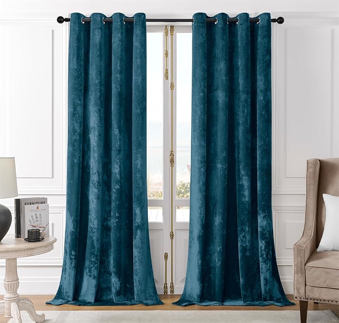 SMILETIME Tranquil Blue Crushed Velvet Curtains 52x96 inch Luxurious Thermal Insulated Soundproof Drapes for Living Room Bedroom Office Soft and Durable Light-Filtering Window Treatments, 2 Panels