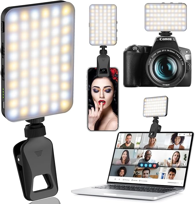 Selfie Light with Built in Power Bank, 96+ CRI Studio Lighting - 2000mAh Charges Phone, 2-24H Runtime with 3 Colors & RGB Modes Sturdy 360° Clip, for Professional Selfies, Video Conferencing (Black)