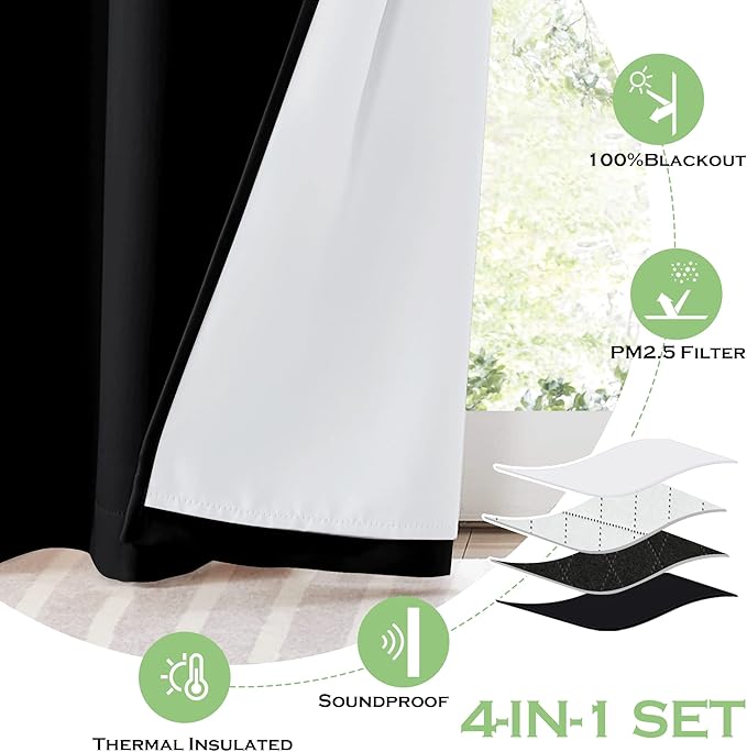KGORGE Anti Dust Soundproof 100% Blackout Curtains 4 Layers Heavy Duty Energy Efficiency Window Curtains for Living Room Baby Bedroom Home Office Studio, Wide 52 x Long 90 inches, Black, 2 Panels