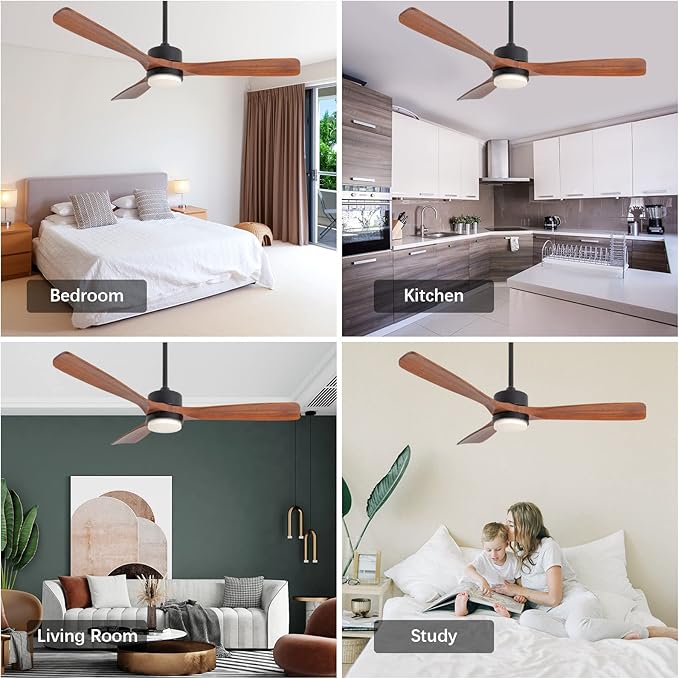 revoici 52 Inch Solid Wood Ceiling Fans With Lights, Low Profile Ceiling Fan with Light and Remote, Reversible DC Motor, Indoor Outdoor 3 Blade Ceiling Fan Light for Bedroom Living room Farmhouse