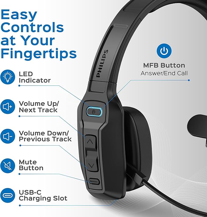 Philips Trucker Bluetooth Headset with Mic, Wireless Single Ear Trucker Headset with AI Noise-Canceling Microphone & Mute Button, All Day Extended Playtime, Headphones for Truck Drivers, Home, Office