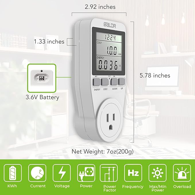 BALDR U.S. Electricity Usage Monitor for Home - Kilowatt Meter Sockets - Wattage Meter Plug In Appliances to Measure Energy Usage - Home Energy Monitor with Easy to Read Display - Home Power Monitor