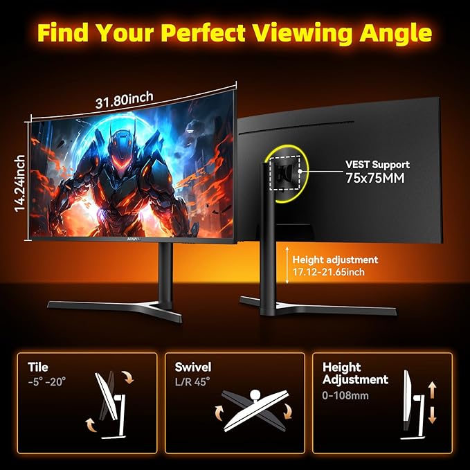 MNNM 34 Inch Ultrawide Gaming Monitor - 21:9 WQHD 3440 x 1440 R1500 Curved Computer Monitor for Gamer, 180Hz 1ms AMD FreeSync PIP/PBP Crosshair TÜV Eye Care, HDMI 2.0 & DP1.4, Tilt/Height/Swivel Stand