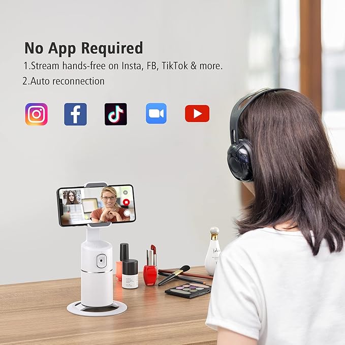 camrola Auto Face Tracking Phone Holder, No App Required, 360° Rotation Face Body Phone Tracking Tripod Smart Shooting Camera Mount for Live Vlog Streaming Video, Rechargeable Battery-White