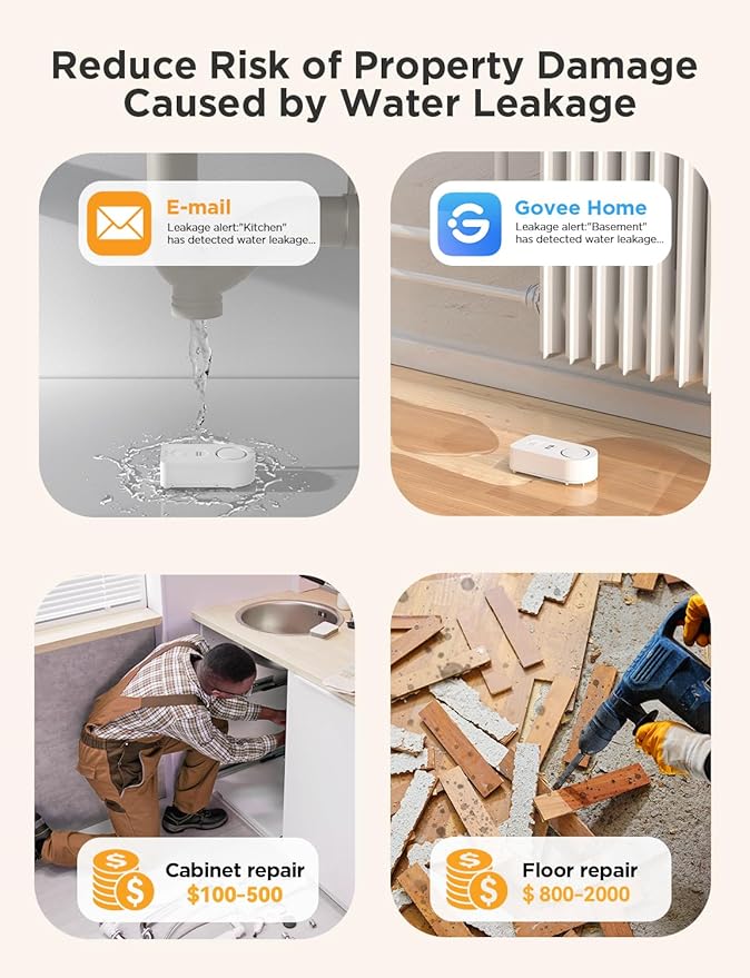 Govee WiFi Water Sensor 2 Pack, Smart Water Leak Detector, 100dB Adjustable Alarm Suit for Home and Basement, Water Leak Alert with Email & APP Push (Only Support 2.4G Wi-Fi)