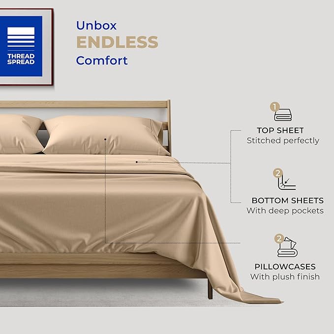 THREAD SPREAD 100% Cotton Split King Sheets for Adjustable Bed - 400 Thread Count 5 PC Sateen Split Sheet Set, Soft, Breathable Cooling Cotton Sheets, 16" Deep Pocket Split King Sheet (Taupe)