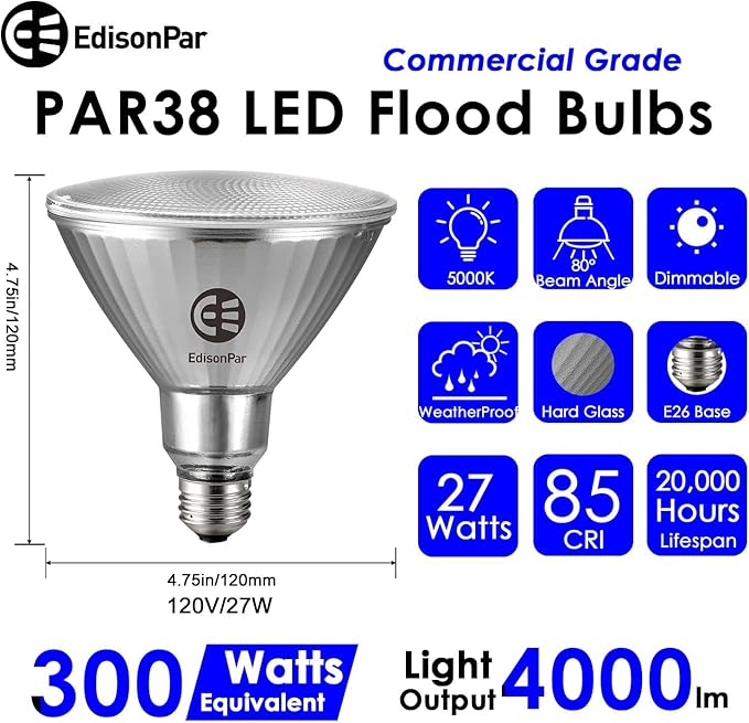 EdisonPar Full-Glass PAR38 LED Flood Light Bulbs Outdoor/Indoor Equivalent 300 Watt, 4000 Lumens Ultra Bright, Dimmable Waterproof 5000K Daylight, 4-Pack