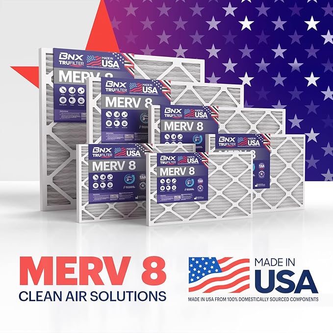 BNX 16x25x1 MERV 8 Air Filter 2 Pack - MADE IN USA - Electrostatic Pleated Air Conditioner HVAC AC Furnace Filters - Removes Dust, Mold, Pollen, Lint