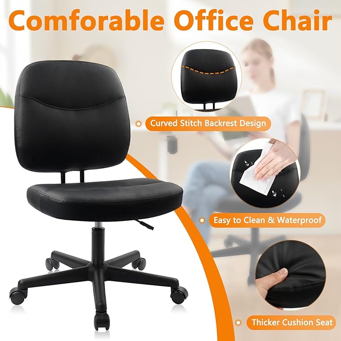 CLATINA Armless Home Office Chair, Small PU Leather Ergonomic Low Back Desk Chair with Lumbar Support and Wheels, Adjustable Height 360° Swivel Rolling Computer Task Chair, Black, 6 Pack