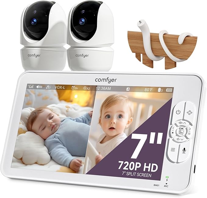 Comfyer 7" HD Split-Screen Baby Monitor with 2 1080P Cameras, 48 Hrs 6000mAh Battery Runs 2 Days in VOX Mode, No WiFi Monitor with a Flexible Bracket, 2 Way Audio, Remote PTZ, Auto Night Vision