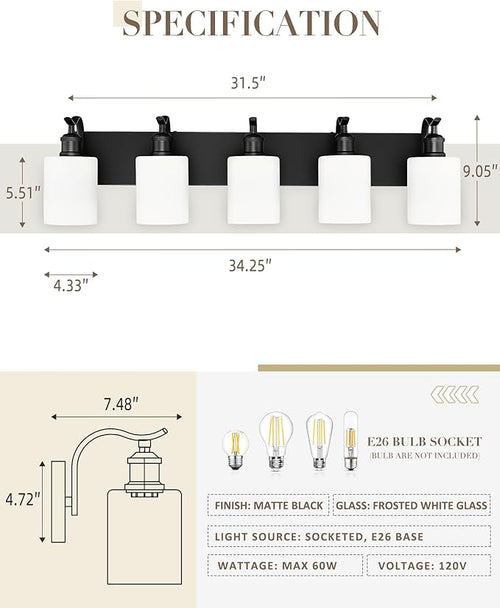 5 Light Bathroom Vanity Light, Morden Black Vanity Light Bathroom Lighting Fixtures Over Mirror Black Wall Sconces with Milky White Frosted Shade ZCVL01BKW-5