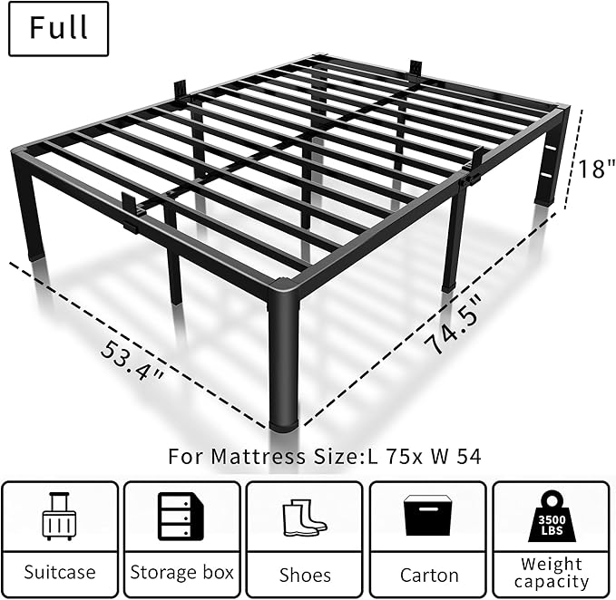 ROIL 18 Inch Full Size Bed Frame with Rounded Corner and Headboard Hole Mattress Retainers 3500LBS Metal Heavy Duty Steel Slats No Box Spring Needed Platform Noise-Free Easy Assembly