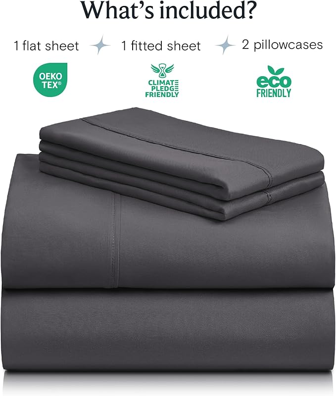LuxClub 4 PC Queen Sheet Set, Deep Pockets Wrinkle Free Cooling Bed Sheets Hotel Bedding for Women, Men, Includes 1 Fitted Sheet, 1 Flat Sheet and 2 Pillowcases-Dark Grey