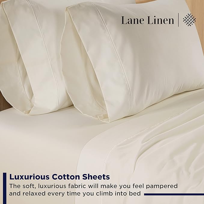 LANE LINEN 600 Thread Count Twin XL Sheets Set - 100% Cotton Bed Sheets Set Twin XL Size - Fully Elasticized Machine wash Sheets Set Twin XL Size, Deep Pocket Bedding Sheets & Pillowcases Set - Ivory