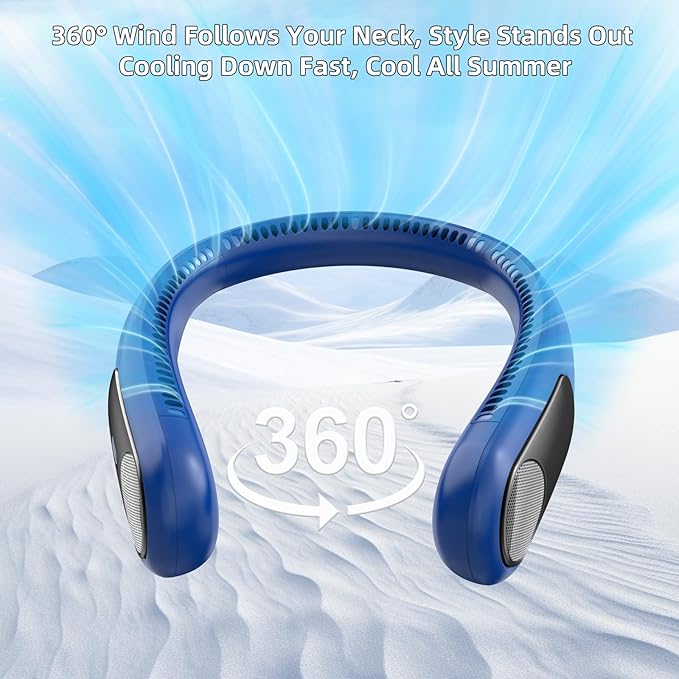 Portable Neck Fan,Personal Wearable Bladeless Fan,LED Display,4-Speeds,6000mAh USB Rechargeable,360° Strong Cooling Wind,Hands Free,White Elephant Gift,Christmas Gifts for Men Women Dad Mom (Navy)