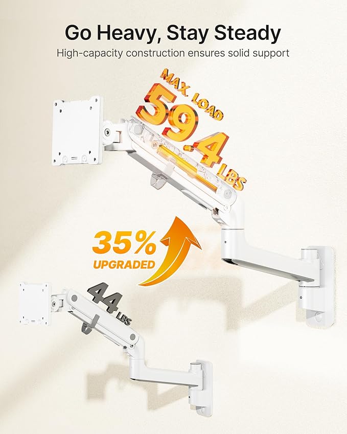 monTEK Monitor Wall Mount for 17-57“ up to 59.4 lbs Ultrawide Screens, Single Heavy-Duty Aluminum Gas Spring Monitor Arm with Full Motion Adjustment, VESA 75x75/100x100 Compatible, White
