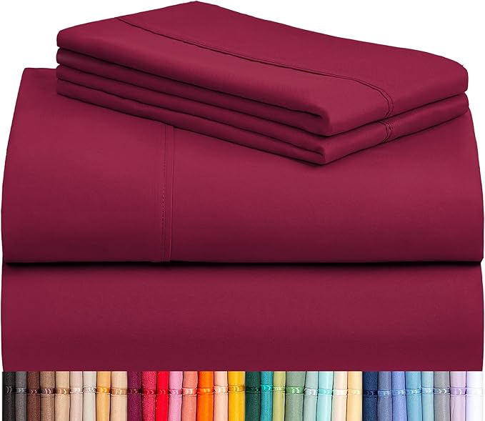 LuxClub 4 PC King Sheet Set, Deep Pockets Wrinkle Free Cooling Bed Sheets Hotel Bedding for Women, Men, Includes 1 Fitted Sheet, 1 Flat Sheet and 2 Pillowcases-Burgundy