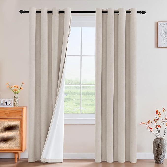 PrinceDeco Thick Linen Blackout Curtains Room Darkening Curtains 84 Inch Length Black Out Curtains for Bedroom Cold and Full Light Blocking Drapes with White Liner Grommet(2 Panels,Heathered Natural)