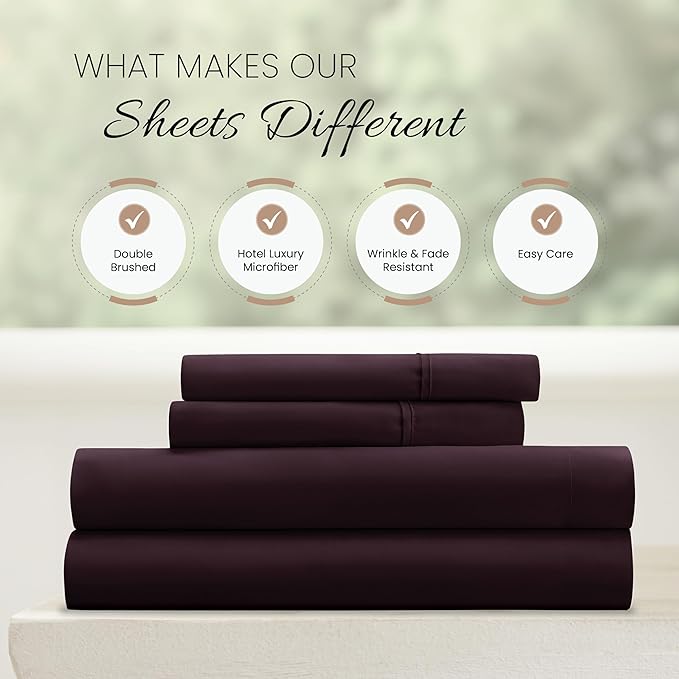 Linen Market Brushed Microfiber Full Sheet Set 4 Piece – Oeko-TEX Certified Ultra Soft & Wrinkle-Free - 16" Deep Pocket Sheets - Easy Care Full Size - Purple