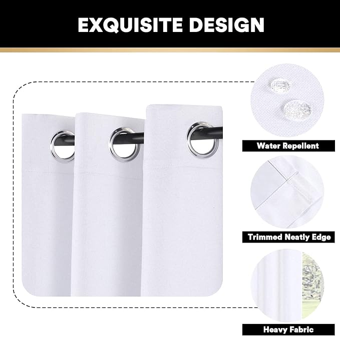 PrinceDeco 100% Blackout Curtains 2 Panels Set Thermal Insulated Full Light Blocking Drapes Window Curtain Panels for Bedroom Living Room Grommet Black Out Cute Curtains,52" W x 63" L, Pearl White
