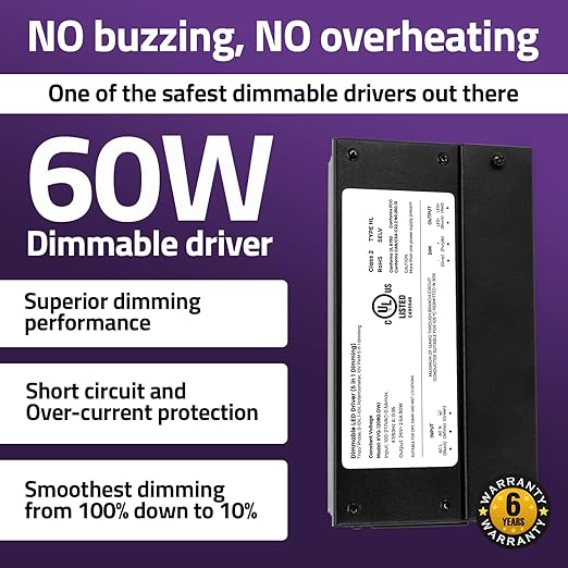 HitLights 24V 60W Dimmable LED Driver – Smooth Flicker Free Dimming – TRIAC, 0-10V, Phase Cut, & 10V PWM – Compatible with Lutron and Leviton Dimmer Switches, UL Listed, Class 2, 100-277V AC – 2.5A DC