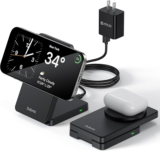 Folding Wireless Charging Stand, Magnetic 15W Fast Charging Station Mag-Safe Travel Lightweight Charger Compatible for iPhone 17/16/16 Pro/16 Pro Max/16 Plus/15/14/13/12 Series, AirPods 4/3