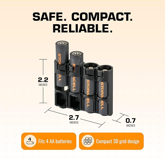 AA Battery Storage Caddy by Storacell (2 Pack), Black, Holds 4 Batteries (Not included)