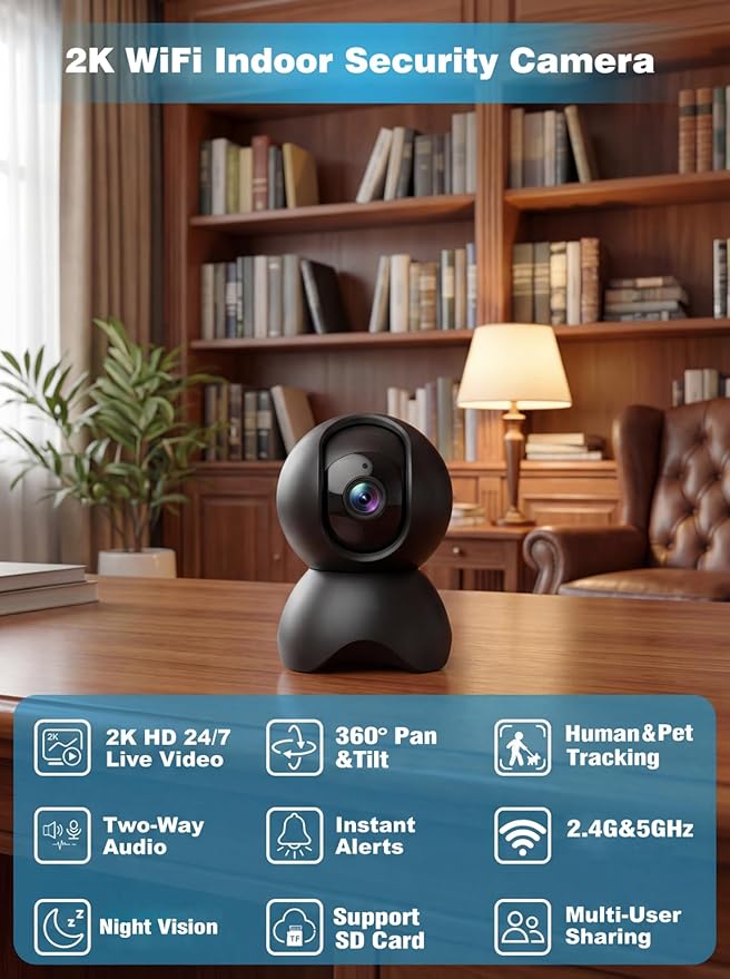 YYSY 2K 2.4GHz & 5GHz Indoor Security Camera, 2 Packs Pet/Dog/Baby Security Camera with Phone App, 360° Pan-Tilt WiFi Cameras for Home Security, 2-Way Audio, Night Vision, Auto-Tracking, Privacy Mode