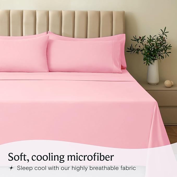 LuxClub 4 PC Sheet Set Bed Sheets Deep Pockets 16" Eco Friendly Wrinkle Free Cooling Machine Washable Hotel Bedding Silky Soft - Baby Pink Full
