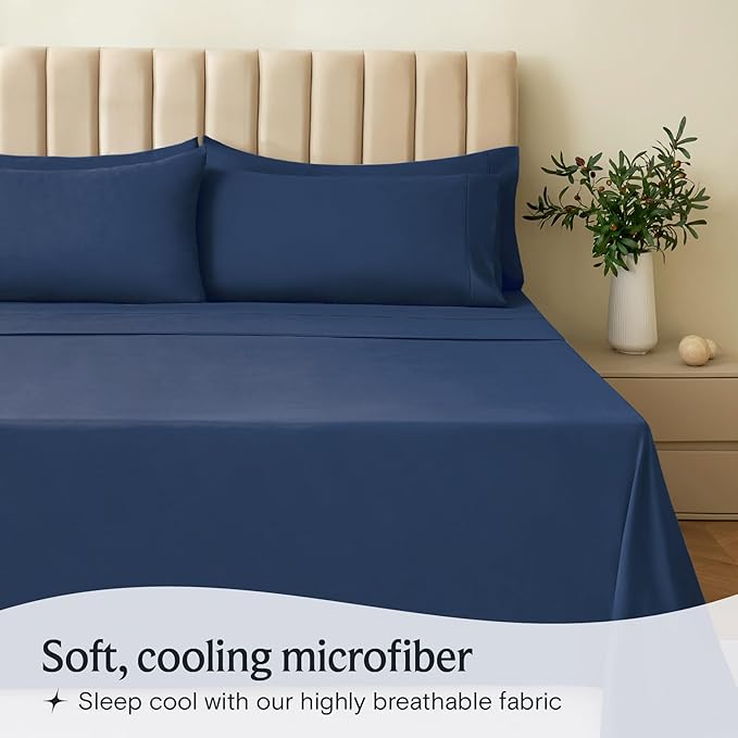 LuxClub 4 PC King Sheet Set, Deep Pockets Wrinkle Free Cooling Bed Sheets Hotel Bedding for Women, Men, Includes 1 Fitted Sheet, 1 Flat Sheet and 2 Pillowcases-Soft Navy