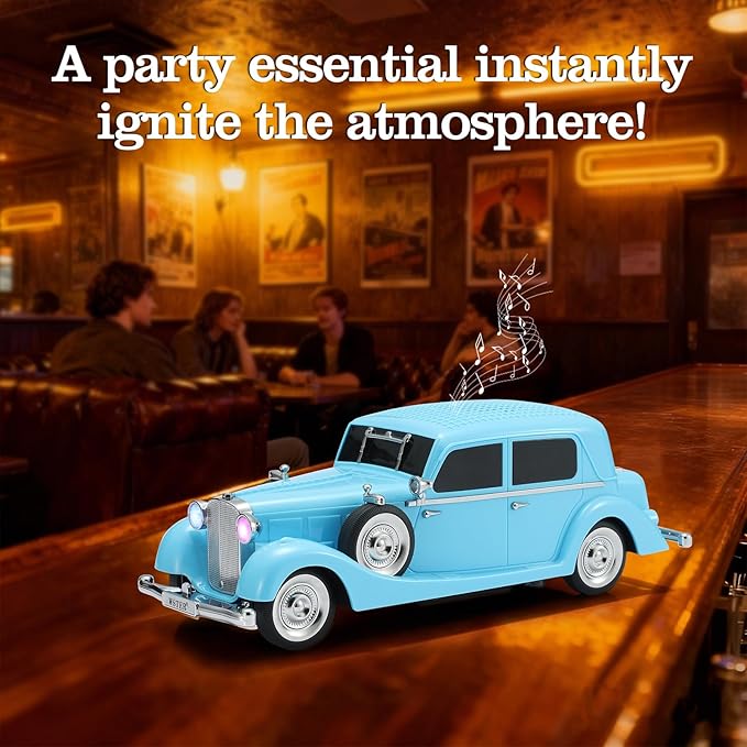 WSTER Vintage Car Bluetooth Speaker, Retro Classic Model with Powerful Sound, Built-in Mic, TWS Dual Pairing, Multi-Interface Output, Portable Wireless Outdoor Speaker for Parties & Beach (Blue)