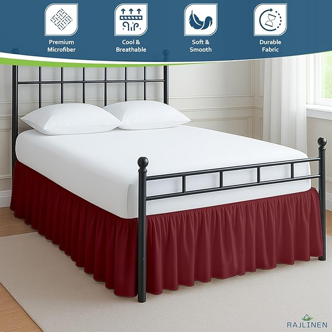 Rajlinen Ruffled Bed Skirt Twin XL, 18 Inch Drop Dust Ruffle with Split Corners, 100% Microfiber Bedskirt with Platform, Three-Sided Coverage Ruffled Gathering Design, Burgundy