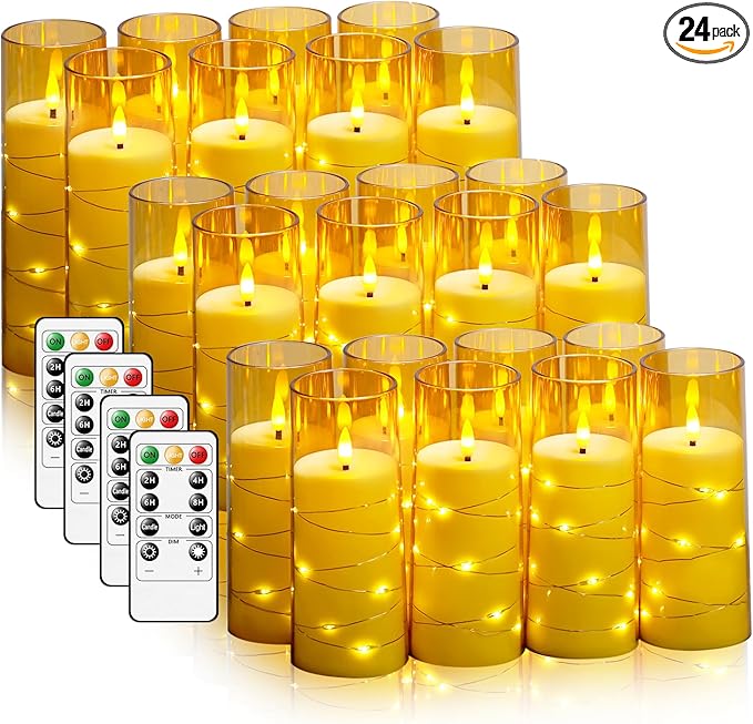 Flameless LED Candles with Timer 24 Pc Flickering Flameless Candles for Romantic Ambiance and Home Decoration Stable Acrylic Shell,with Embedded Star String，Battery Operated Candles(Gold)