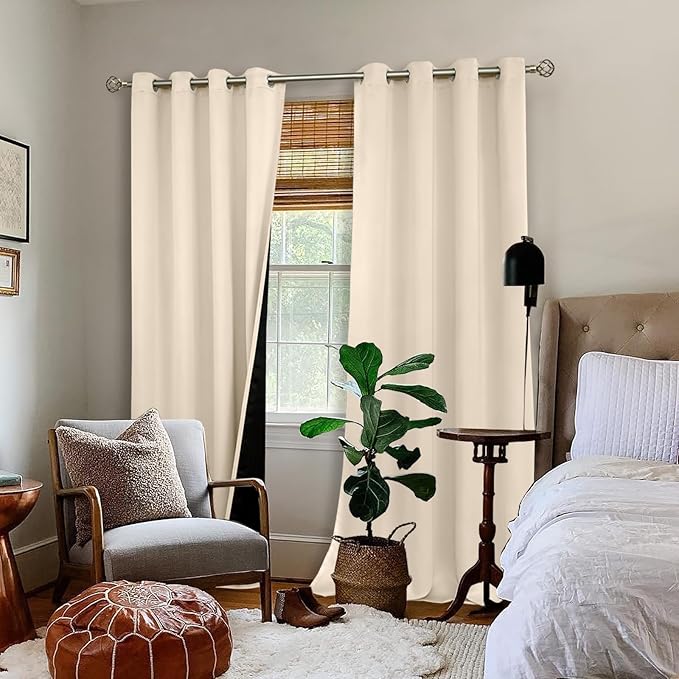 BGment Thermal Insulated 100% Blackout Curtains 90 Inch Length 2 Panels, Total Light Blocking Curtains for Bedroom, Grommet Window Drapes with Thick Black Liner, 52 Inch Wide Each Panel, Champagne