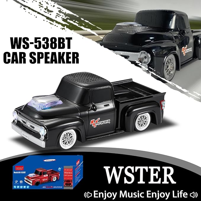 WSTER WS-538 Retro Pickup Truck Bluetooth Replica Speaker – Portable Wireless Car Model Speaker with FM, TWS, LED Party Lights, USB/TF Playback, Built-in Microphone, Type-C, Surprise Gift(Black)