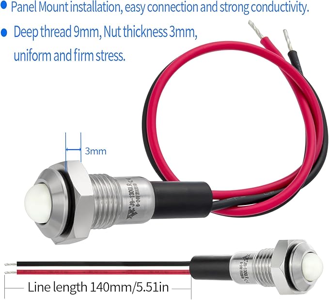 ZGSZJHF UL Listed Mini Indicator Light 8mm 0.31" Waterproof Domed Metal Stainless Steel Signal Lamp 12V-24V DC/AC Red and Green LED Light with 140mm Wire