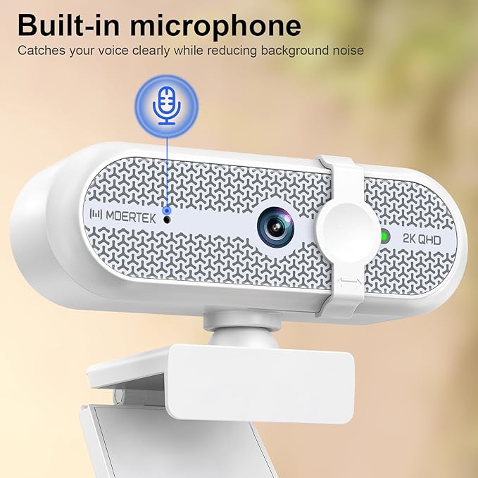 MOERTEK 2K Webcam for PC, Webcam with Microphone and Tripod, Auto Light Correction, USB Camera Plug and Play, 90° Wide FOV, Privacy Cover, Works with Skype, Zoom, Meet, Teams, PC, Laptop, Mac, Tablet