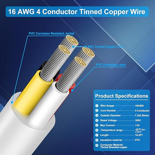 16 Gauge 4 Conductor Electrical Wire, 16.4FT Low Voltage 16/4 Tinned Copper Stranded 4 Wire Cable, 16 AWG White Flexible Extension Power Cord for Sprinkler, Thermostat, Speaker, Irrigation, Automotive