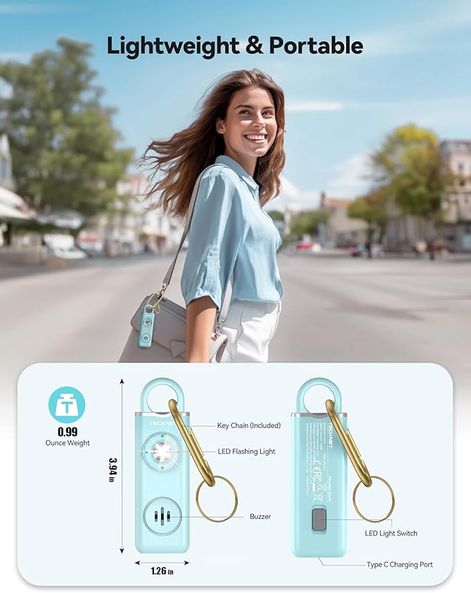 TECKNET Rechargeable Personal Safety Alarm for Women, 2-Pack 130dB Personal Alarm with SOS Strobe Light, Low Battery Notice, Keychain Alarms Loud Siren for Girls Kids Elderly