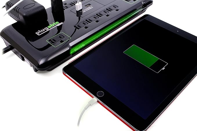 Plugable 12 Outlet Power Strip 4320 Joules Surge Protection, Built-in 10.5W 2-Port USB Charger for Android and Apple Phones, Mobile Devices, 6 Foot Cable