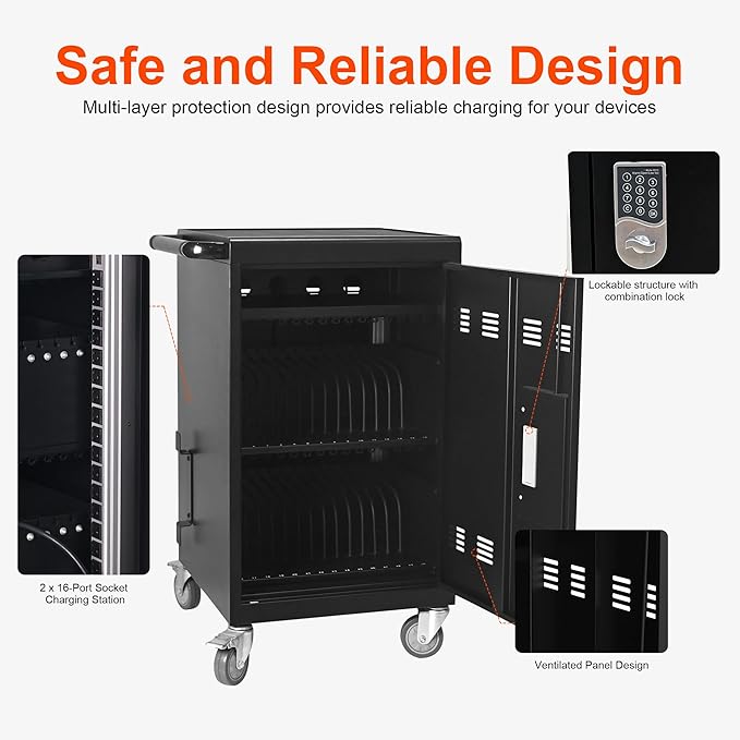 Aokleo Laptop Charging Cart,32 Devices Tablet Storage Carts for pad Up to 16.3" Screen, Classroom Computer Mobile Charging Station for Pads, Chromebooks,Laptops, Updated Password Lock(32 Bay-Black)