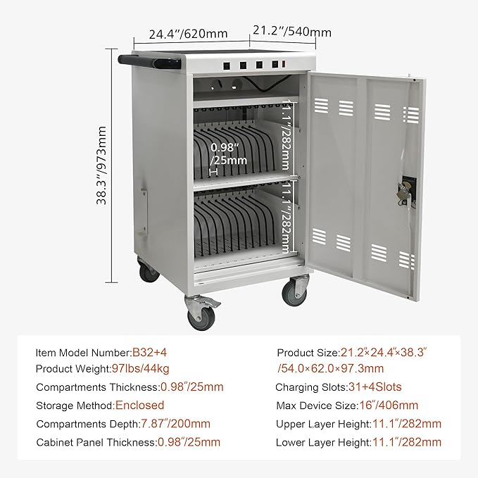 Aokleo Laptop Charging Cart,35 Devices Tablet Storage Carts for pad Up to 16.3" Screen Size, Classroom Computer Mobile Charging Station for Pads, Chromebooks,Laptops, Security Storage(31+4 Bay-White)