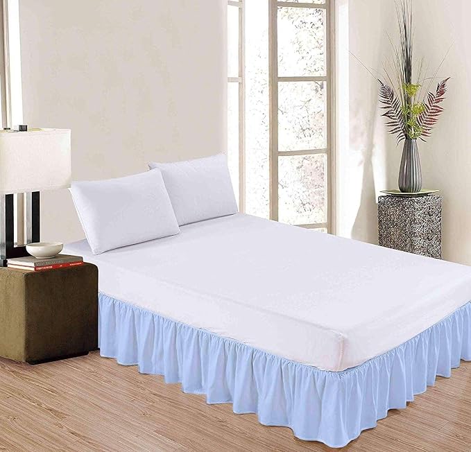 Light Blue Solid Ruffled Bed Skirt Short Queen-26 Inch Drop Split Corner, Microfiber Bedskirt with Platform Three Sided Coverage