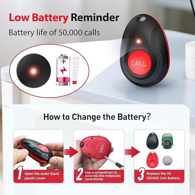 CallToU Wireless Call Button Caregiver Pager Nurse Call System for Elderly/Patients at Home/Hospital with Voice Announcements and LED Number Display (6 Waterproof Call Button & 3 Receiver)