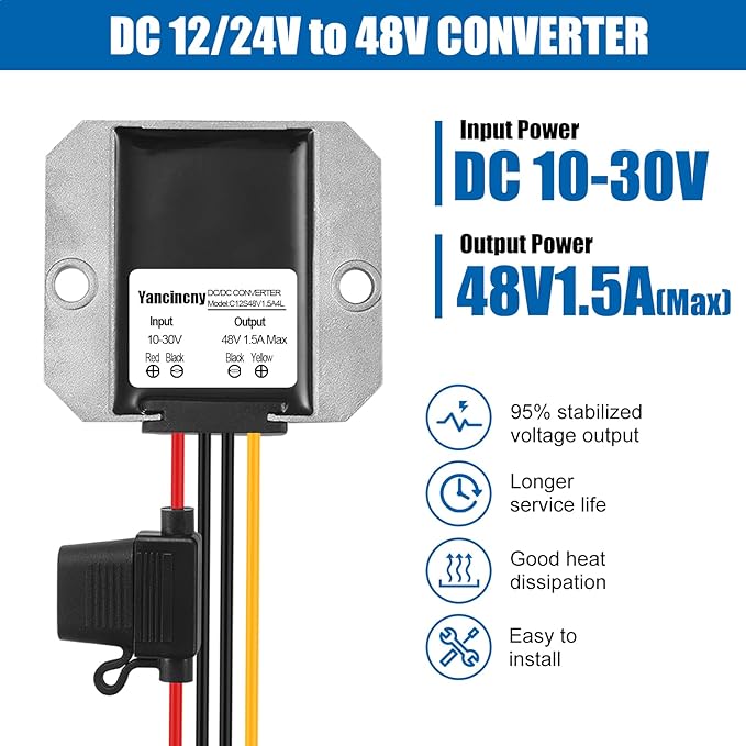 Yancincny Step Up Voltage Converter 10-30V to 48V 1.5A, Dc 12V 24V to 48V 72W DC-DC Boost Converter with Fuse & Over Temperature Protection, Dust Resistant for Golf Cart/Solar/RV/Truck