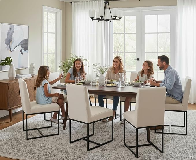 CIMOTA Modern Linen Dining Chair Set of 8, Mid Century Dining Room Chairs Fabric Upholstered Armless Side Chair with Black Sled Base for Dining Room, White Cream 8PCS