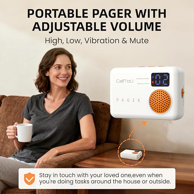CallToU Wireless Caregiver Pager with Call Button for Elderly at Home, Portable Nurse Alert System with Vibration/for Patients and Disabled, 500ft Ranger (2 Call Buttons + 2 Receivers)
